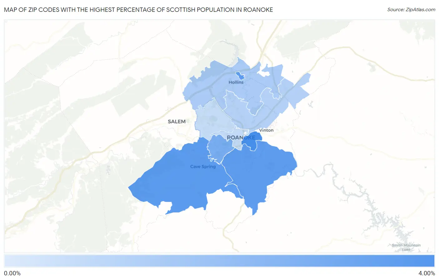 Zip Codes with the Highest Percentage of Scottish Population in Roanoke Map