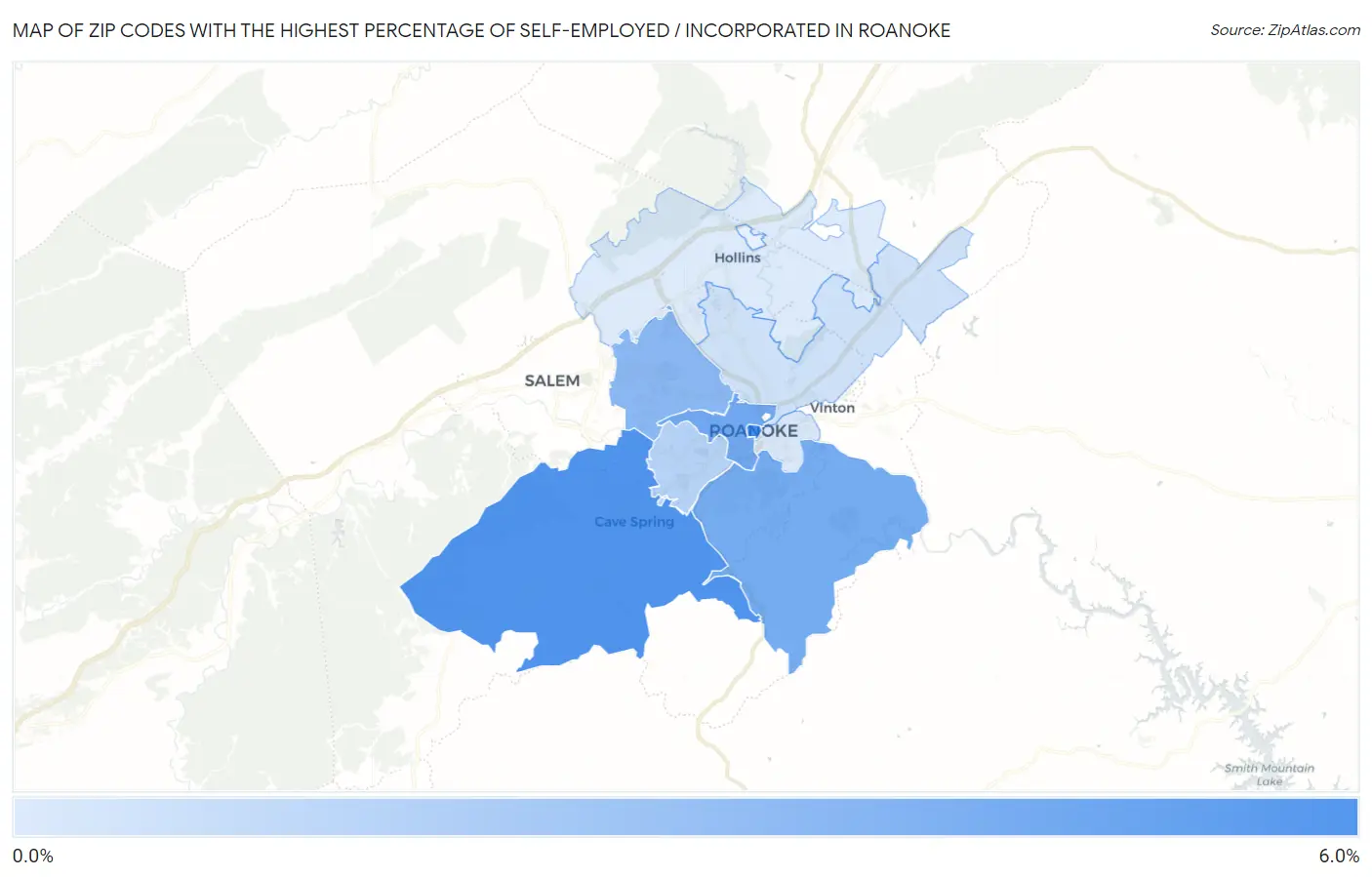 Zip Codes with the Highest Percentage of Self-Employed / Incorporated in Roanoke Map