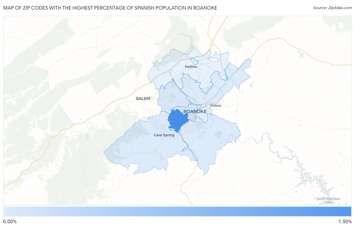 Zip Codes with the Highest Percentage of Spanish Population in Roanoke Map