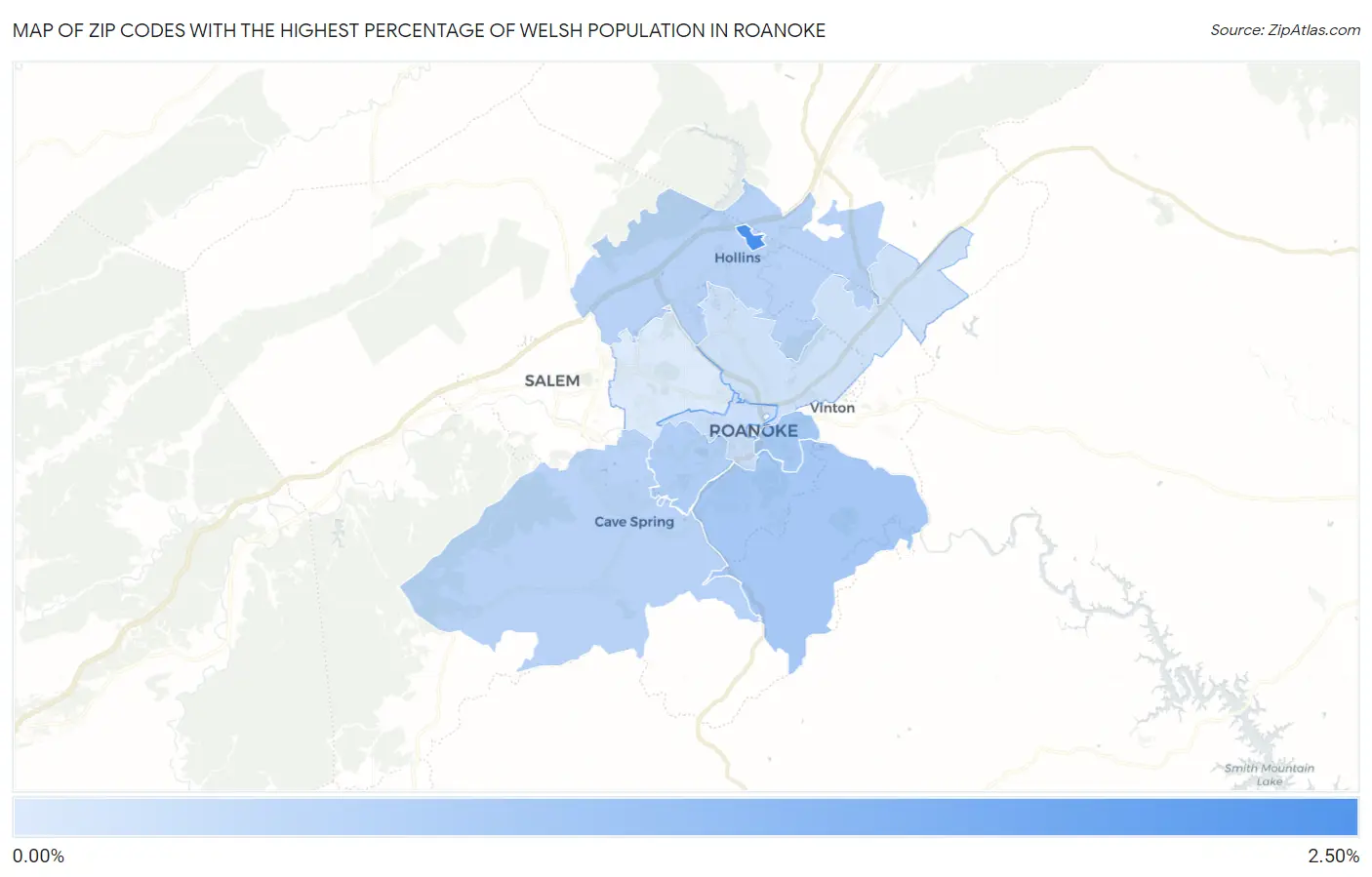 Zip Codes with the Highest Percentage of Welsh Population in Roanoke Map