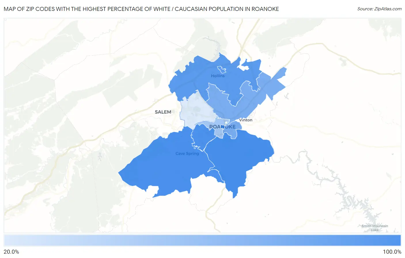 Zip Codes with the Highest Percentage of White / Caucasian Population in Roanoke Map