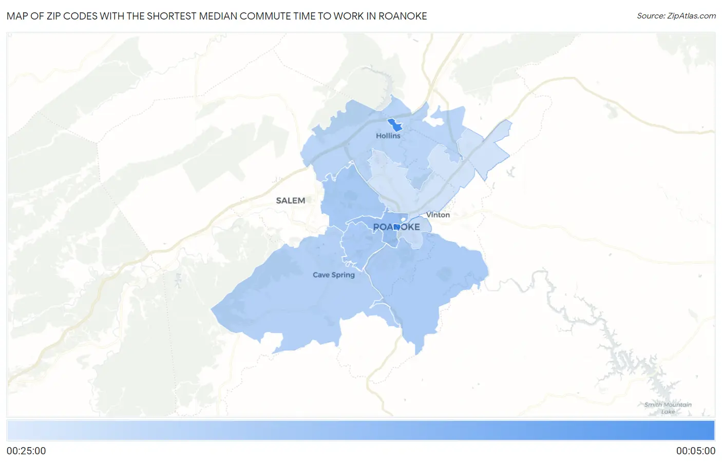 Zip Codes with the Shortest Median Commute Time to Work in Roanoke Map