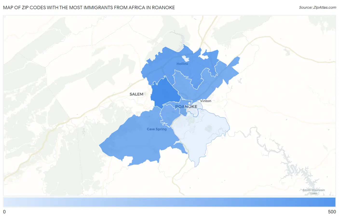 Zip Codes with the Most Immigrants from Africa in Roanoke Map