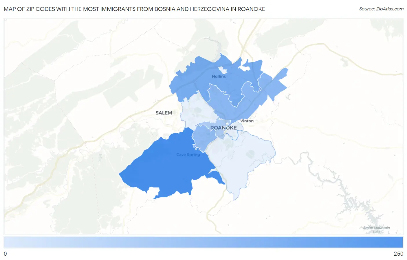 Zip Codes with the Most Immigrants from Bosnia and Herzegovina in Roanoke Map