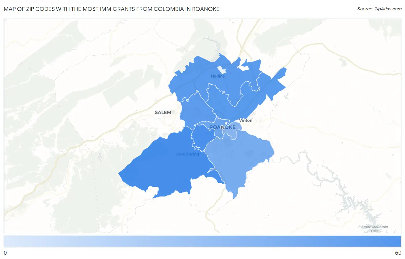 Zip Codes with the Most Immigrants from Colombia in Roanoke Map