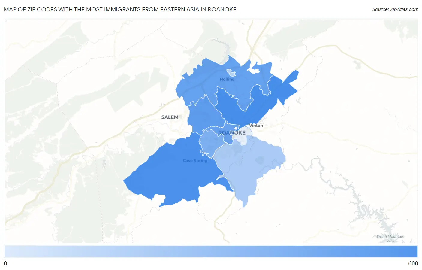 Zip Codes with the Most Immigrants from Eastern Asia in Roanoke Map