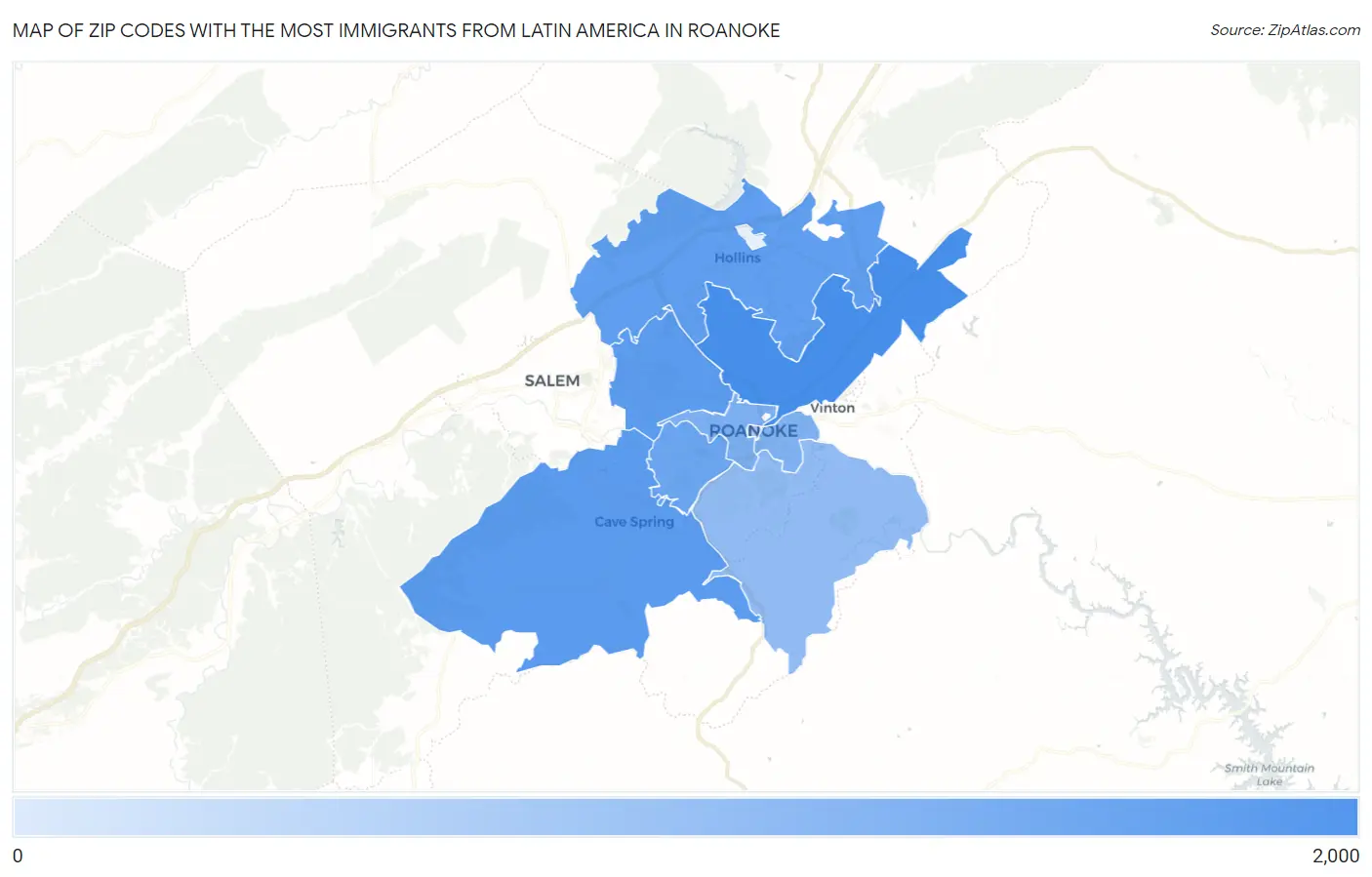Zip Codes with the Most Immigrants from Latin America in Roanoke Map