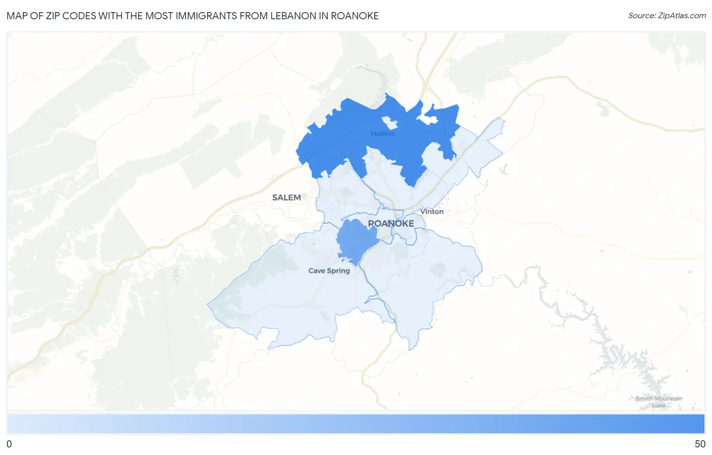 Zip Codes with the Most Immigrants from Lebanon in Roanoke Map