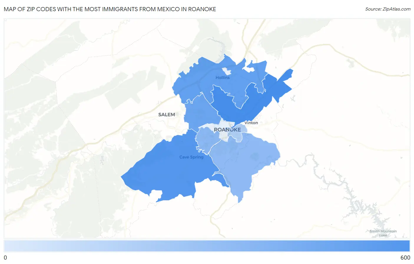 Zip Codes with the Most Immigrants from Mexico in Roanoke Map
