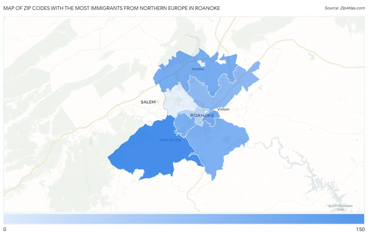 Zip Codes with the Most Immigrants from Northern Europe in Roanoke Map