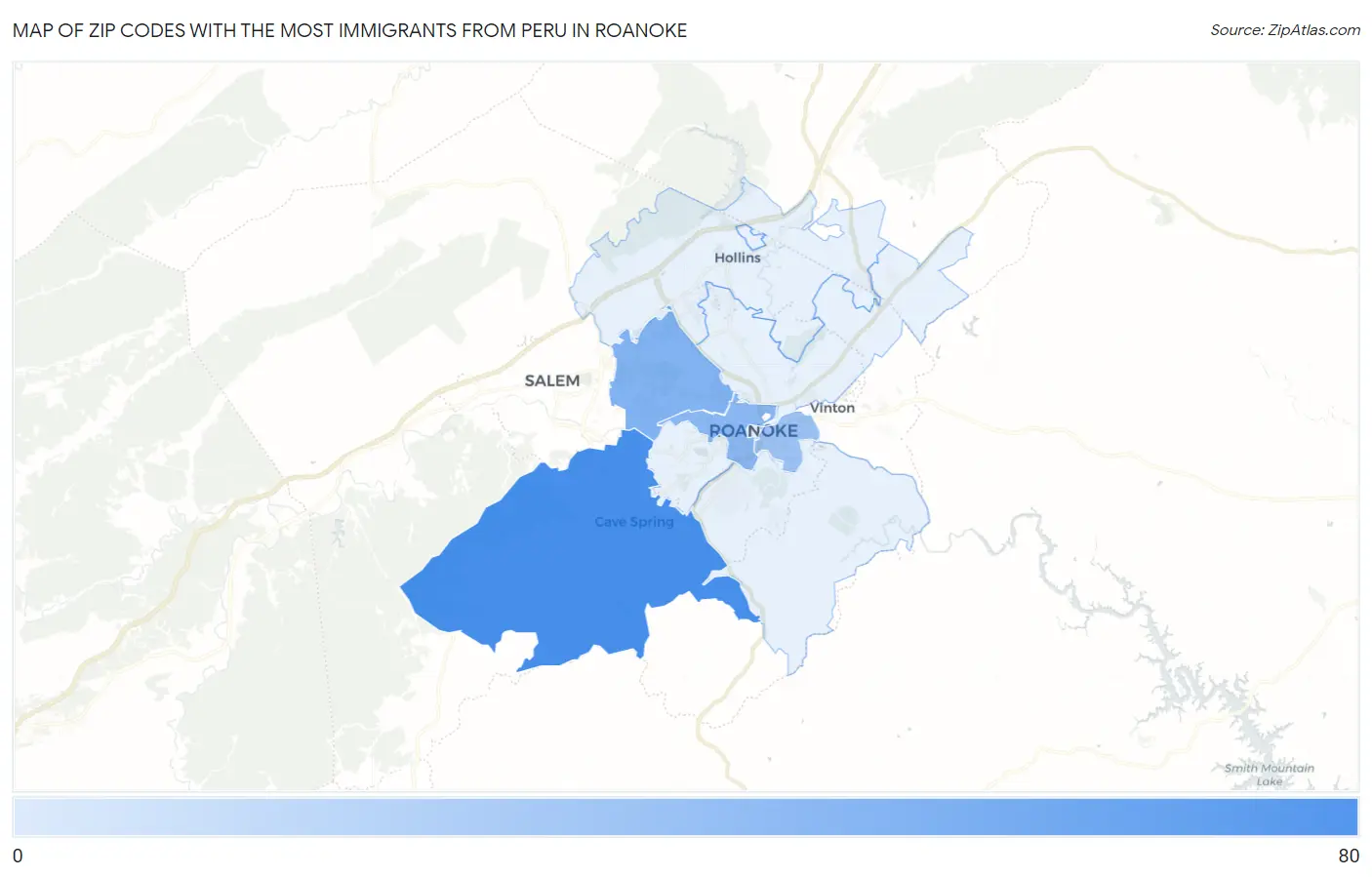 Zip Codes with the Most Immigrants from Peru in Roanoke Map