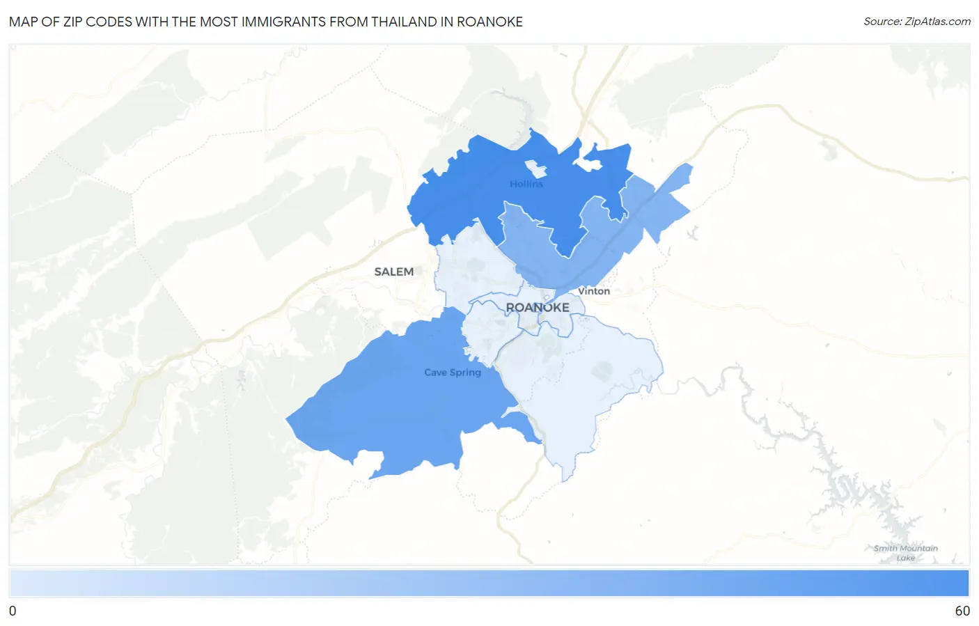 Zip Codes with the Most Immigrants from Thailand in Roanoke Map