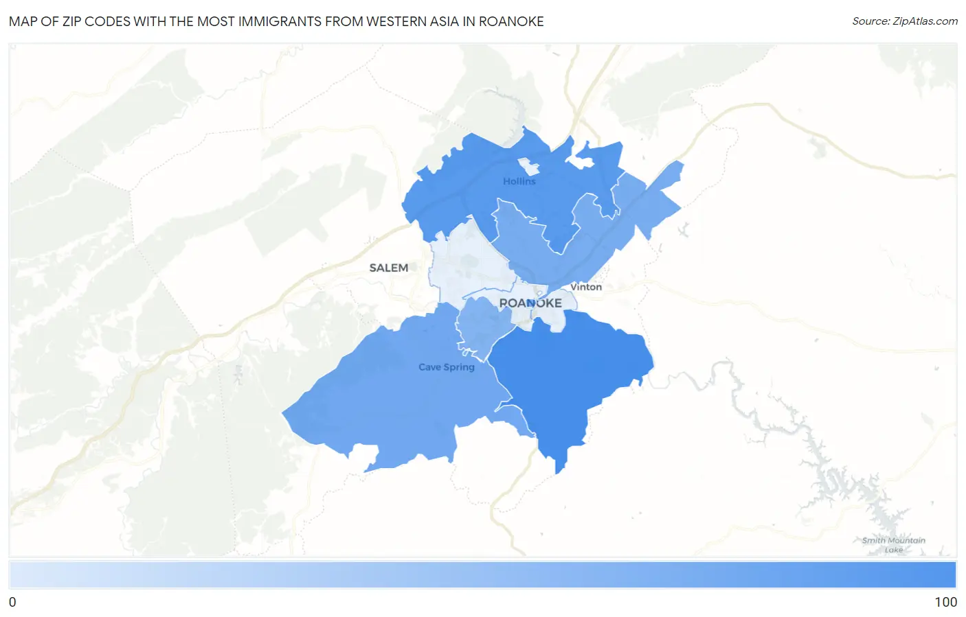 Zip Codes with the Most Immigrants from Western Asia in Roanoke Map
