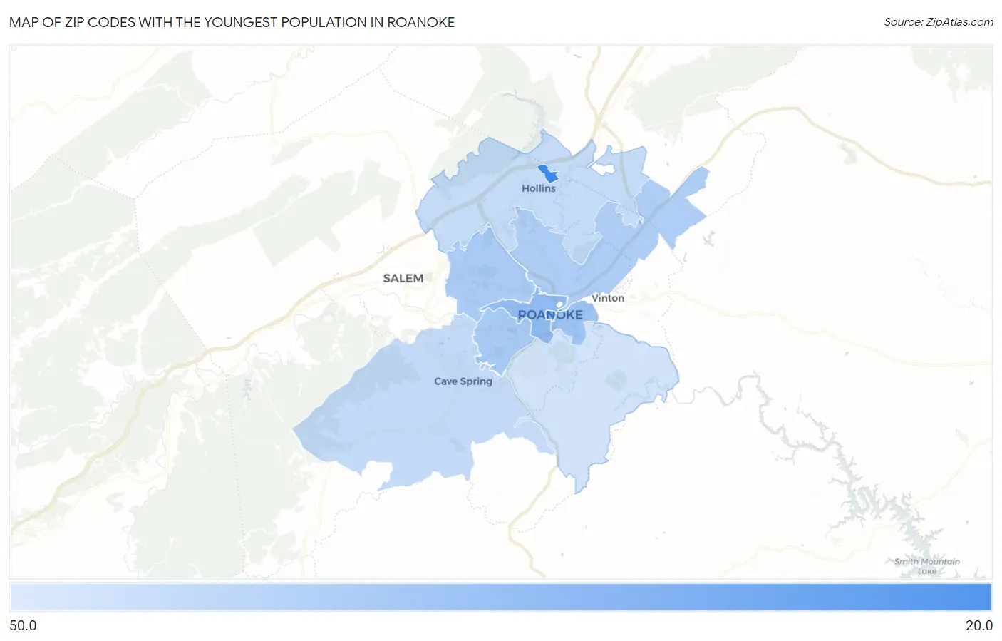 Zip Codes with the Youngest Population in Roanoke Map
