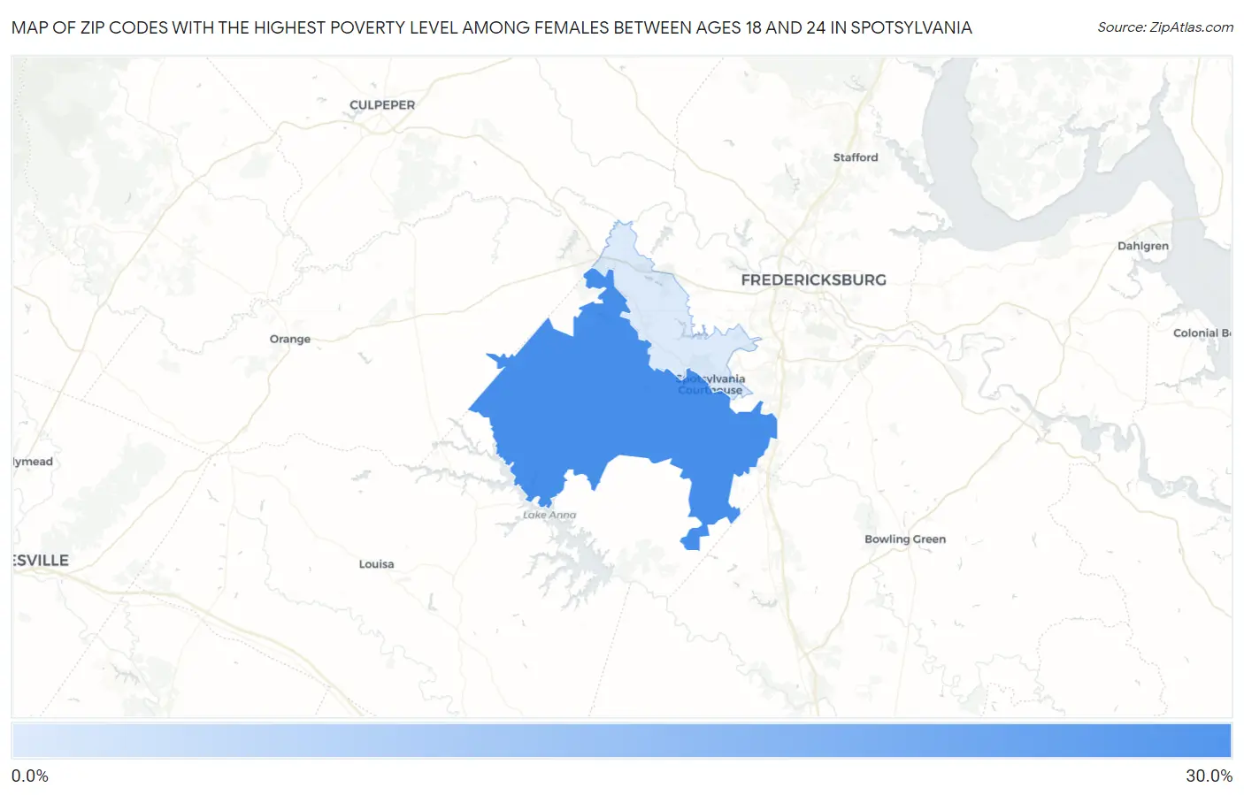 Zip Codes with the Highest Poverty Level Among Females Between Ages 18 and 24 in Spotsylvania Map