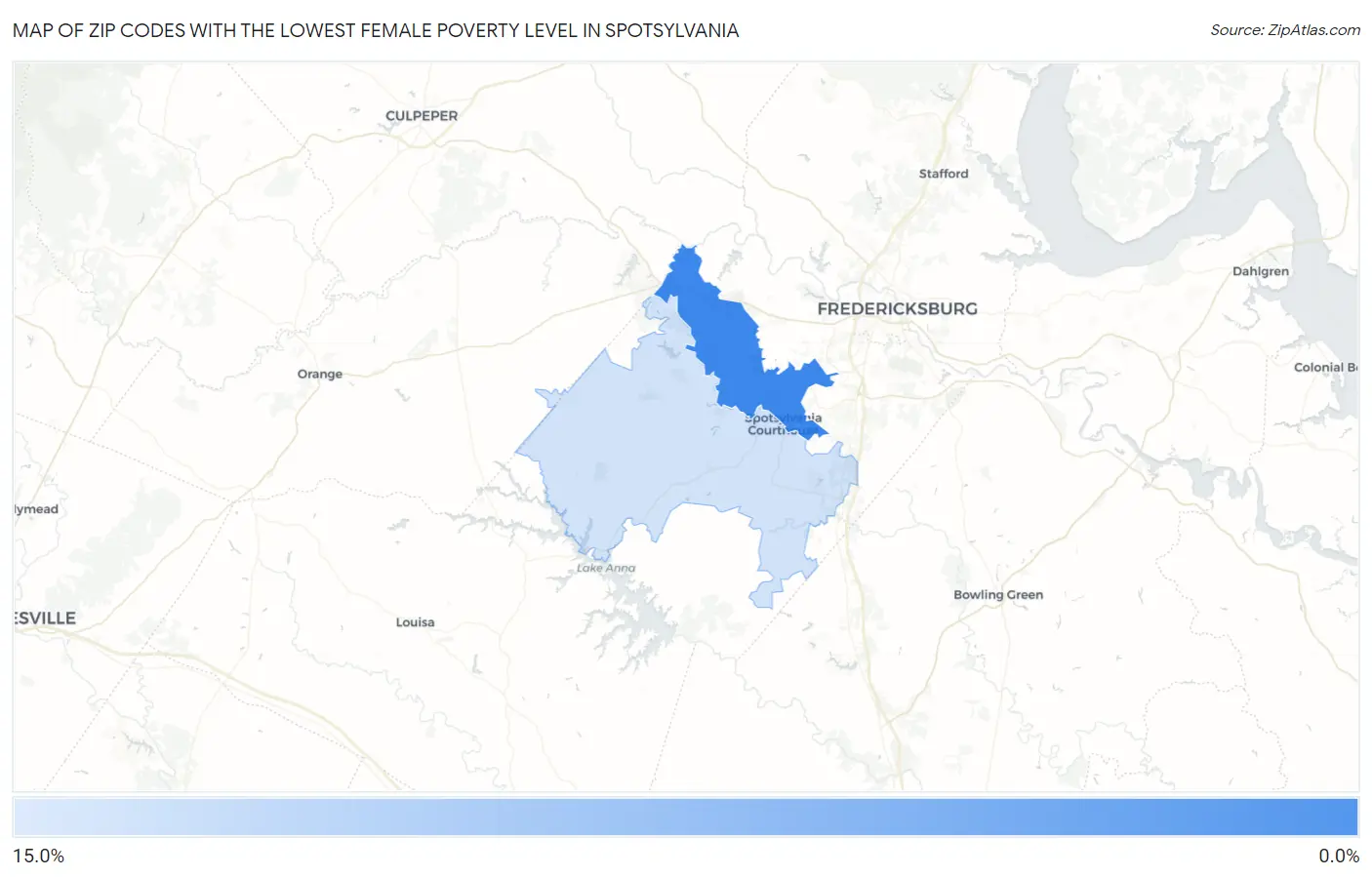 Zip Codes with the Lowest Female Poverty Level in Spotsylvania Map