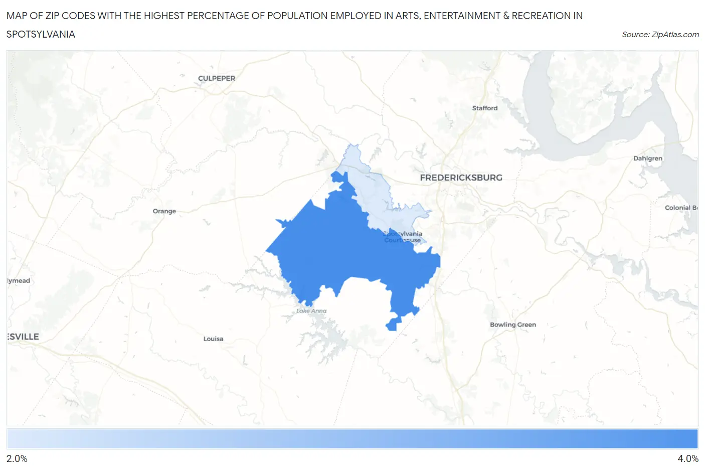 Zip Codes with the Highest Percentage of Population Employed in Arts, Entertainment & Recreation in Spotsylvania Map