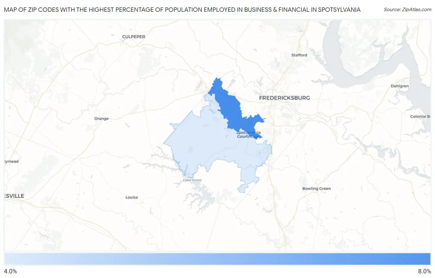 Zip Codes with the Highest Percentage of Population Employed in Business & Financial in Spotsylvania Map