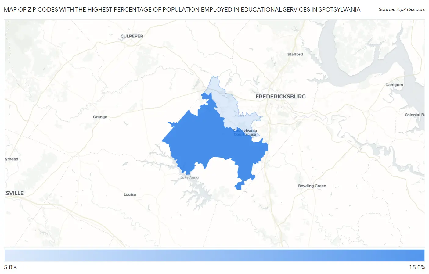 Zip Codes with the Highest Percentage of Population Employed in Educational Services in Spotsylvania Map