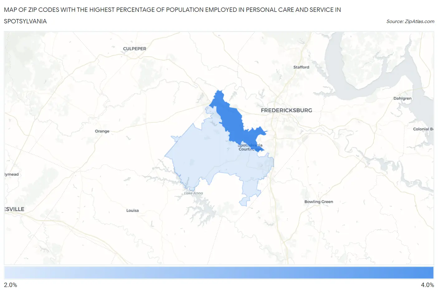 Zip Codes with the Highest Percentage of Population Employed in Personal Care and Service in Spotsylvania Map