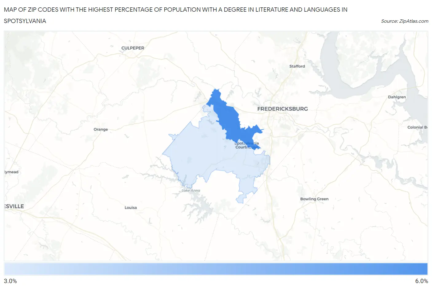 Zip Codes with the Highest Percentage of Population with a Degree in Literature and Languages in Spotsylvania Map