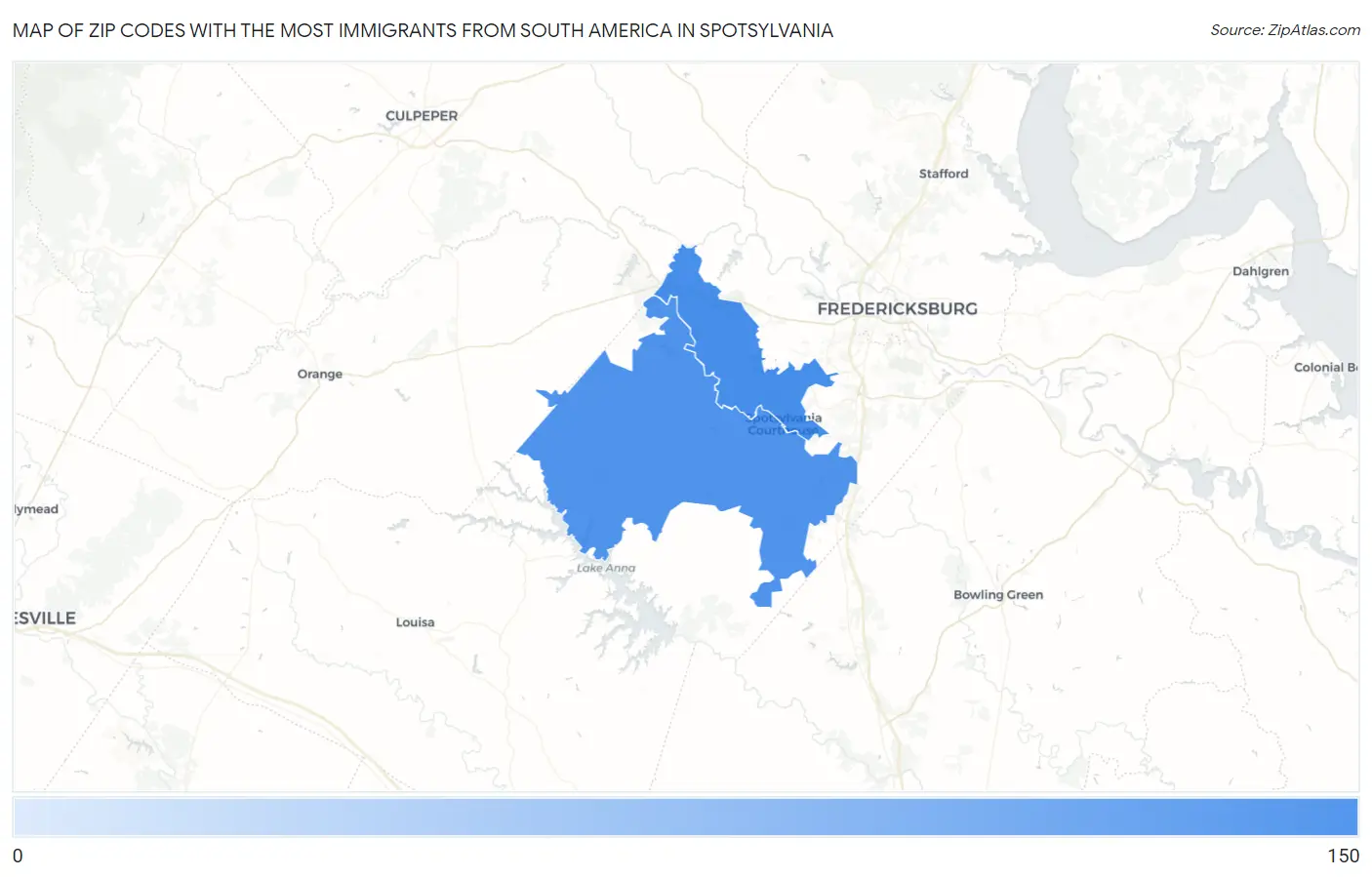 Zip Codes with the Most Immigrants from South America in Spotsylvania Map