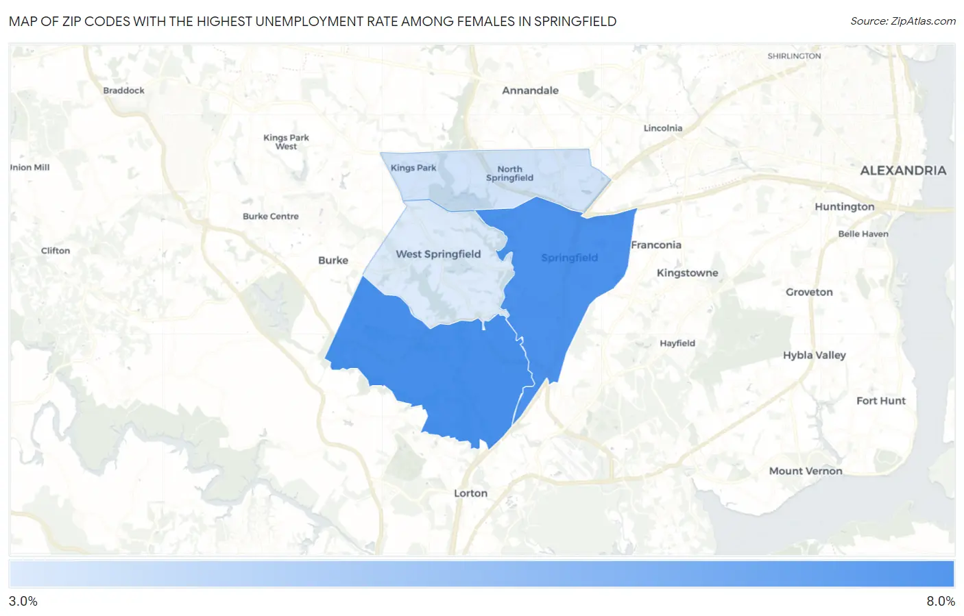 Zip Codes with the Highest Unemployment Rate Among Females in Springfield Map