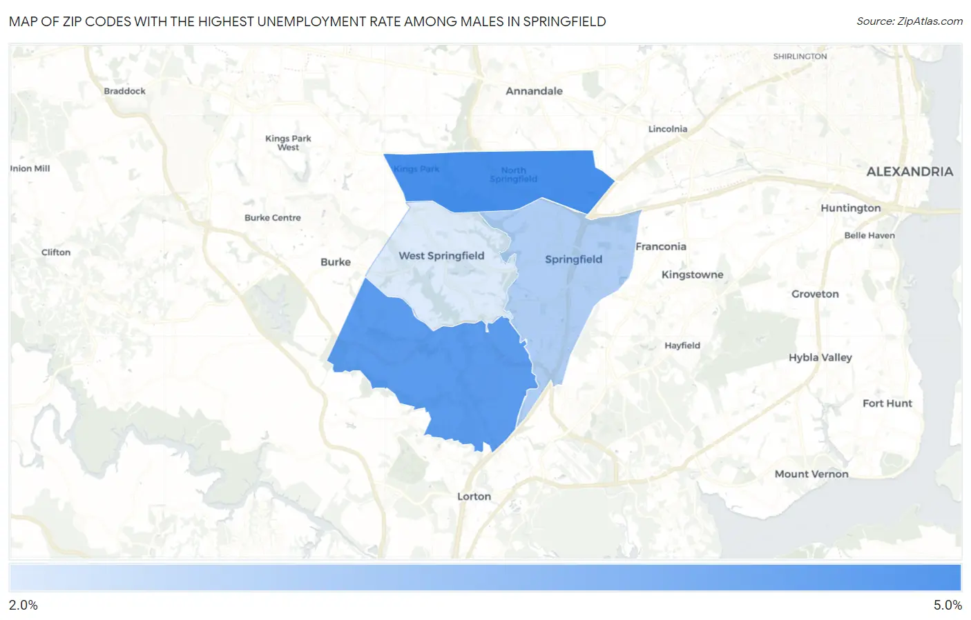 Zip Codes with the Highest Unemployment Rate Among Males in Springfield Map