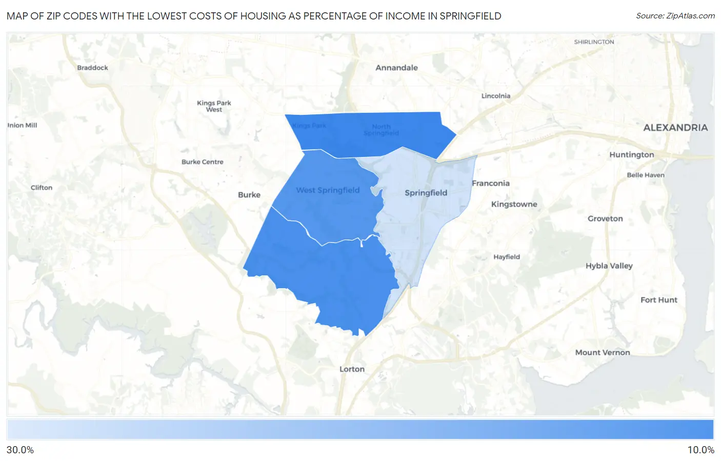 Zip Codes with the Lowest Costs of Housing as Percentage of Income in Springfield Map