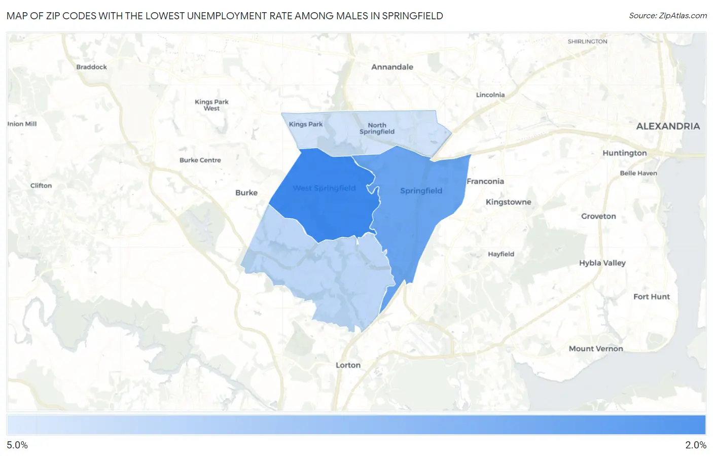 Zip Codes with the Lowest Unemployment Rate Among Males in Springfield Map