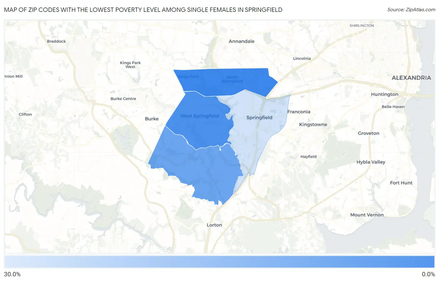 Zip Codes with the Lowest Poverty Level Among Single Females in Springfield Map