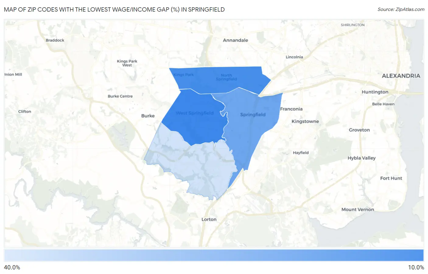 Zip Codes with the Lowest Wage/Income Gap (%) in Springfield Map