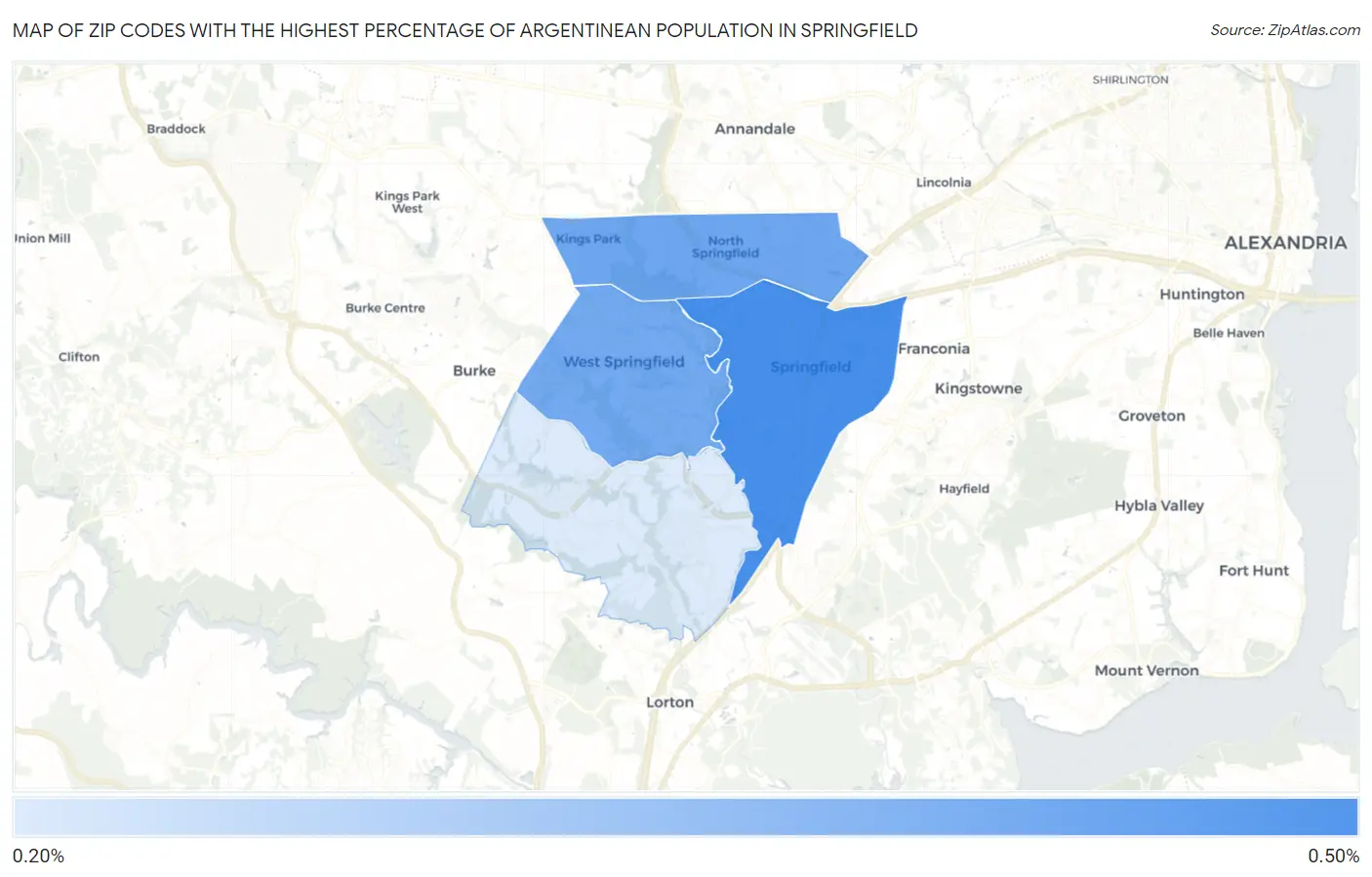 Zip Codes with the Highest Percentage of Argentinean Population in Springfield Map