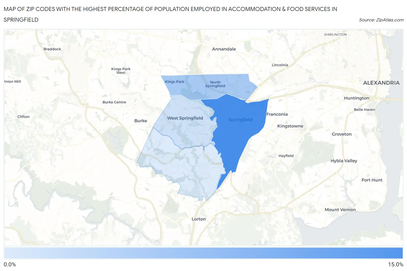 Zip Codes with the Highest Percentage of Population Employed in Accommodation & Food Services in Springfield Map