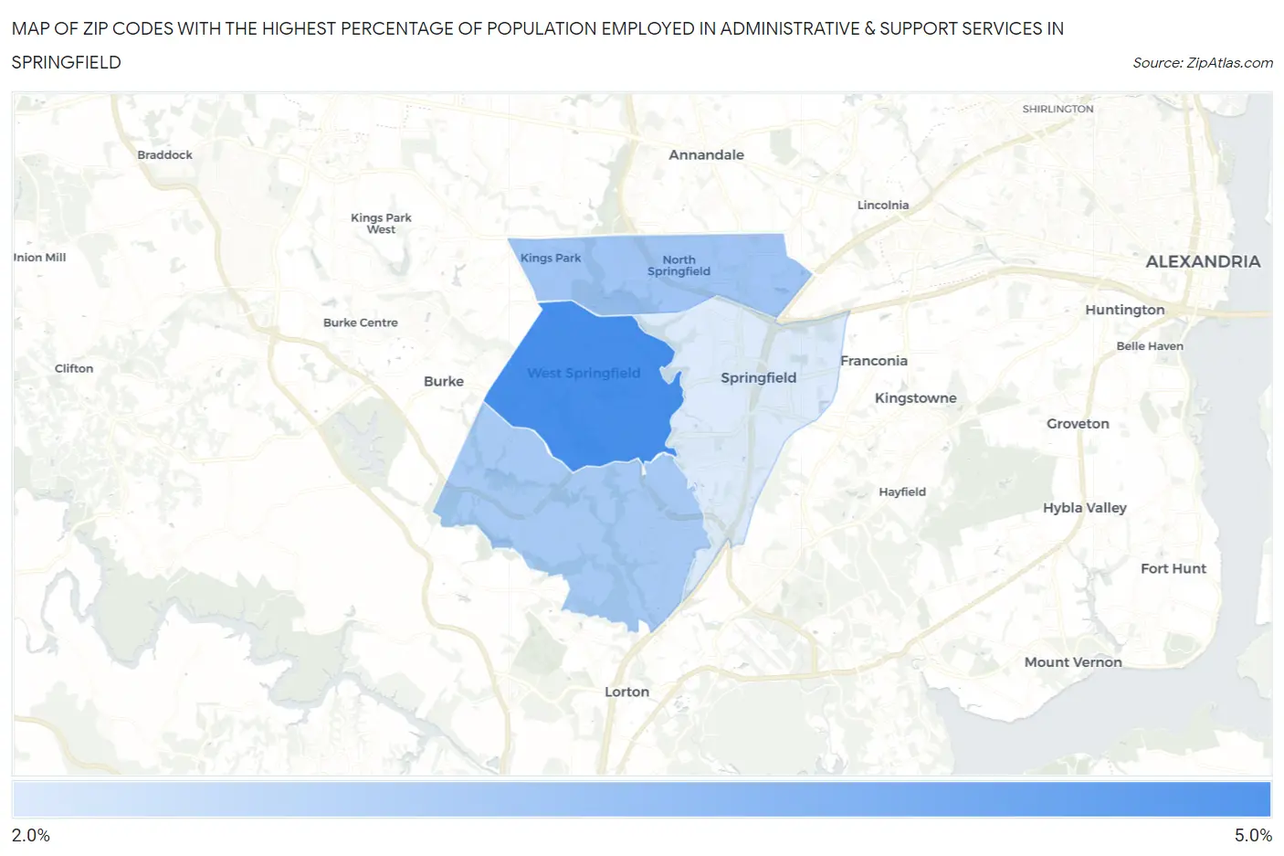 Zip Codes with the Highest Percentage of Population Employed in Administrative & Support Services in Springfield Map