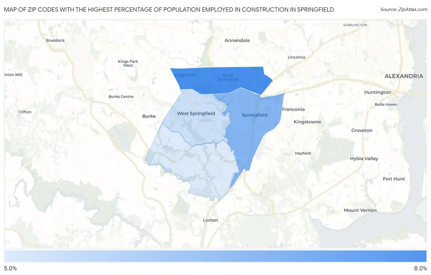 Zip Codes with the Highest Percentage of Population Employed in Construction in Springfield Map