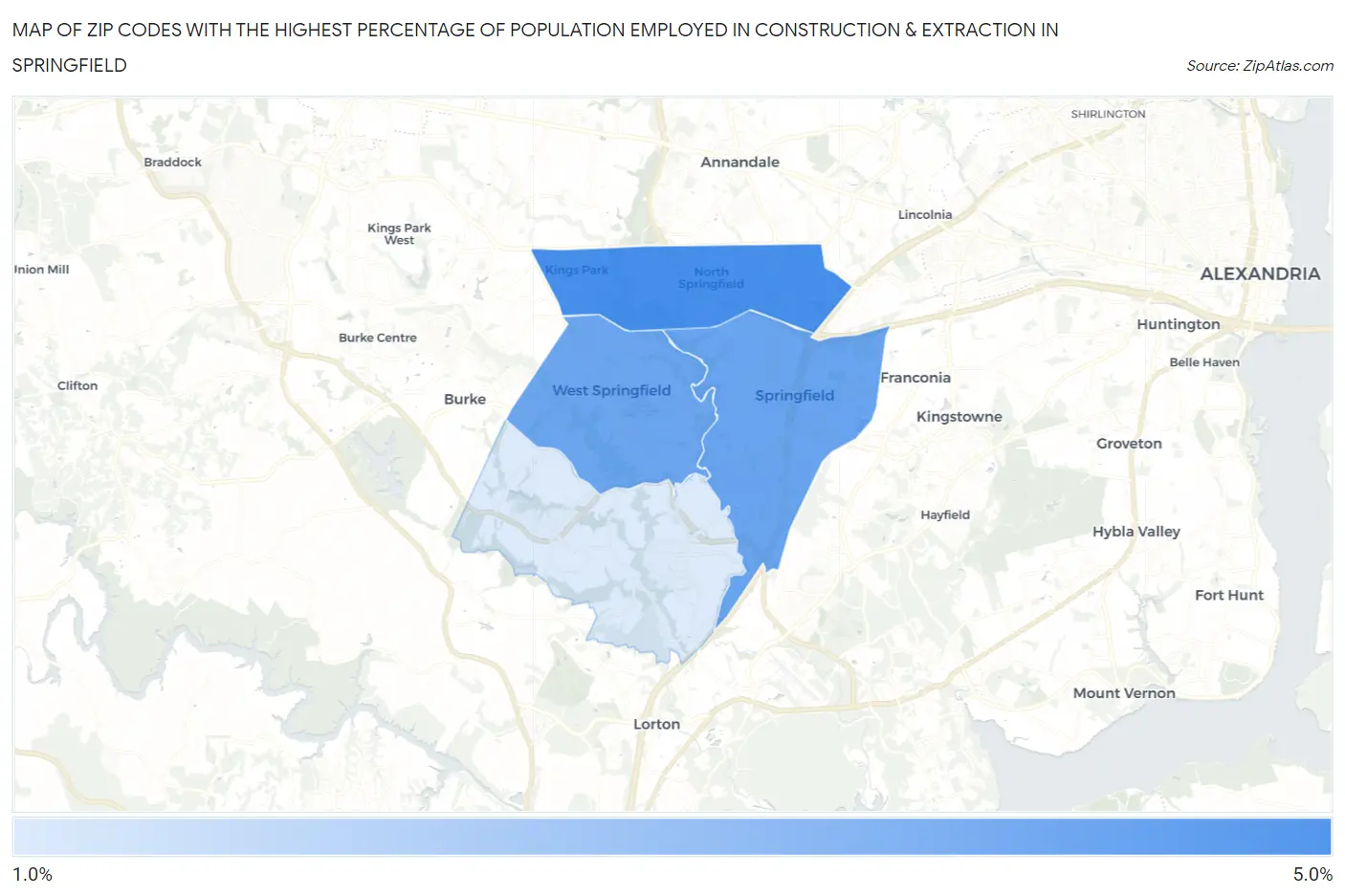 Zip Codes with the Highest Percentage of Population Employed in Construction & Extraction in Springfield Map