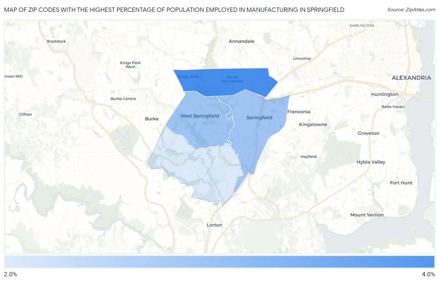 Zip Codes with the Highest Percentage of Population Employed in Manufacturing in Springfield Map