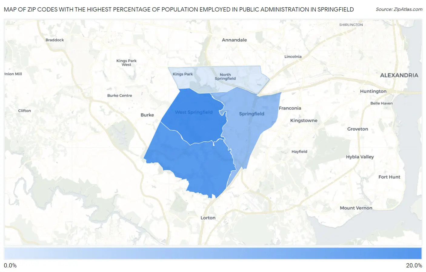 Zip Codes with the Highest Percentage of Population Employed in Public Administration in Springfield Map