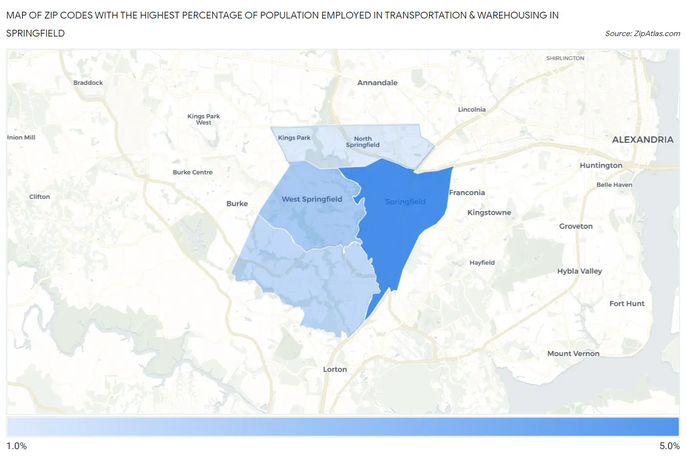 Zip Codes with the Highest Percentage of Population Employed in Transportation & Warehousing in Springfield Map