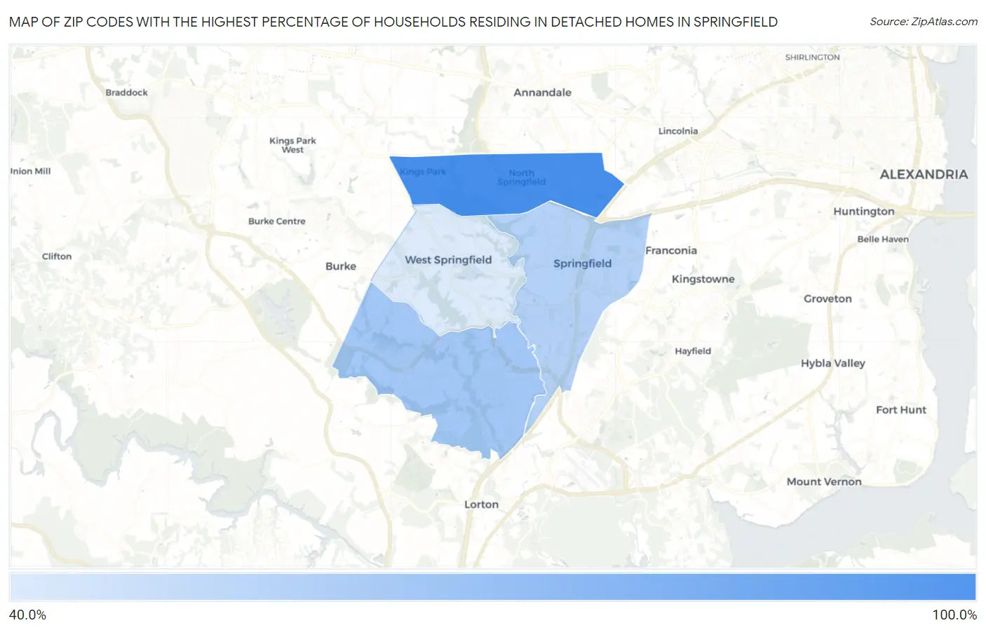 Zip Codes with the Highest Percentage of Households Residing in Detached Homes in Springfield Map