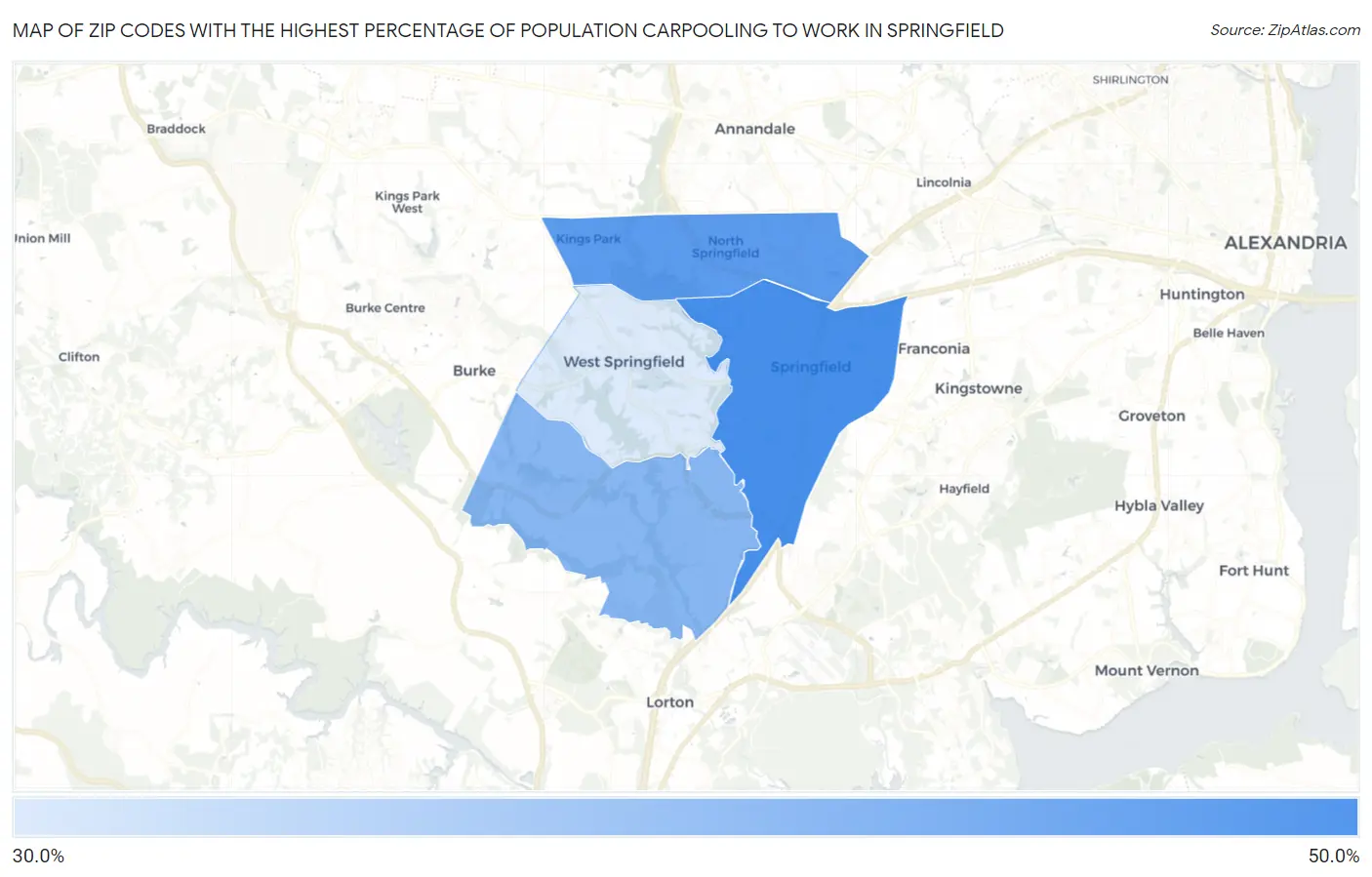 Zip Codes with the Highest Percentage of Population Carpooling to Work in Springfield Map