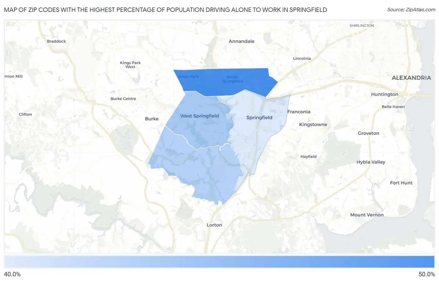 Zip Codes with the Highest Percentage of Population Driving Alone to Work in Springfield Map