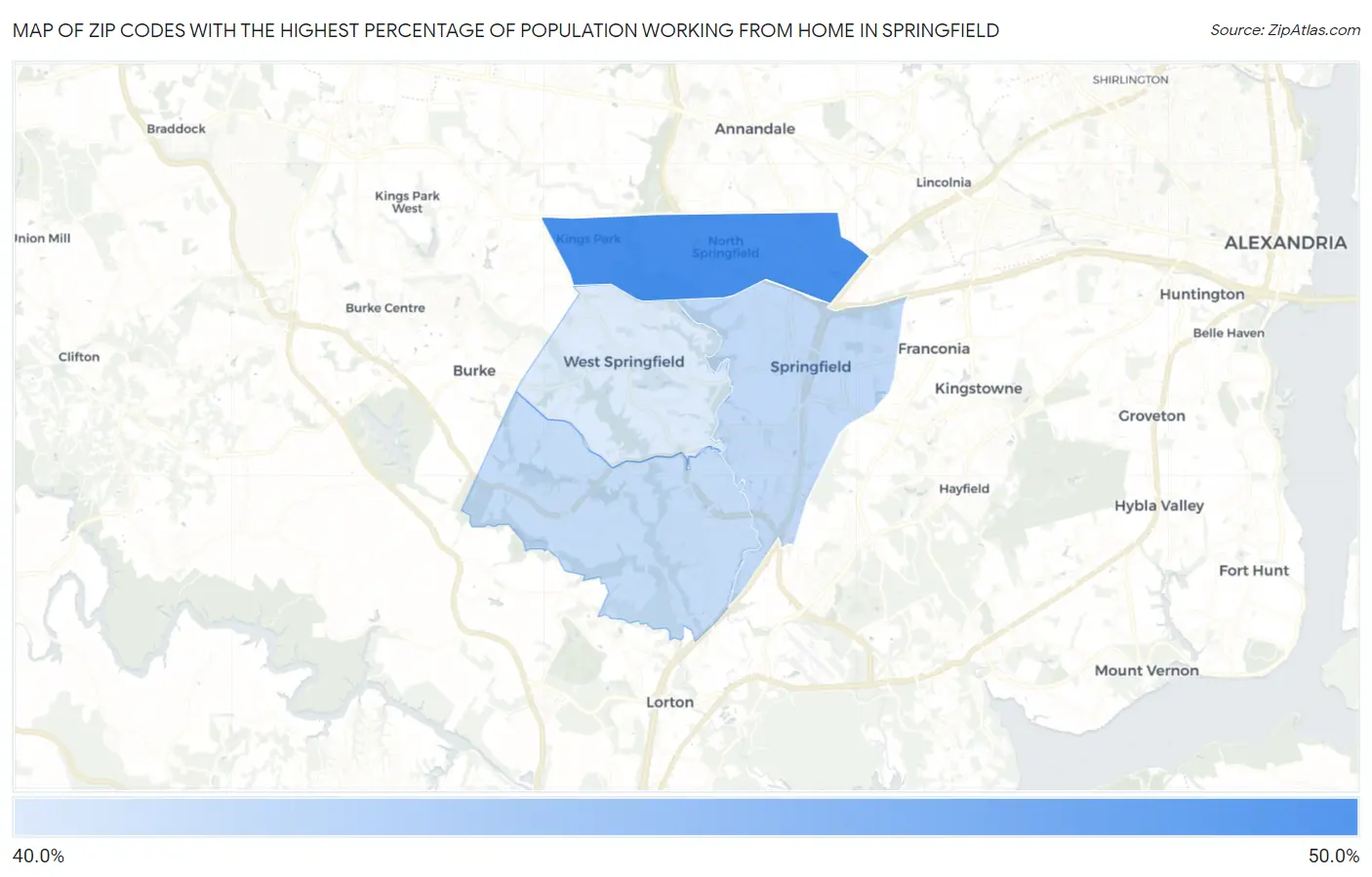 Zip Codes with the Highest Percentage of Population Working from Home in Springfield Map