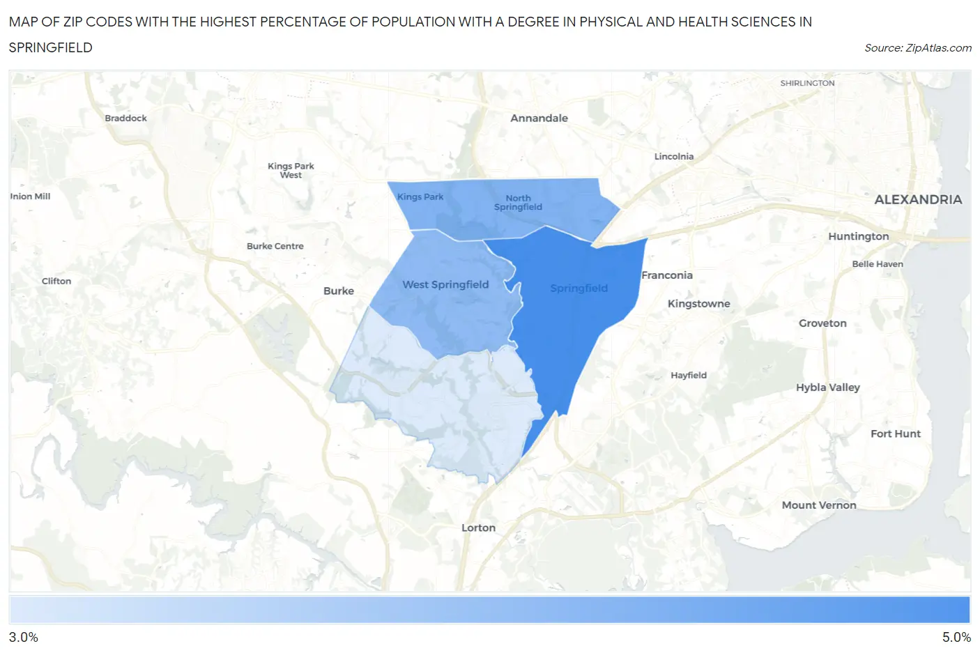 Zip Codes with the Highest Percentage of Population with a Degree in Physical and Health Sciences in Springfield Map