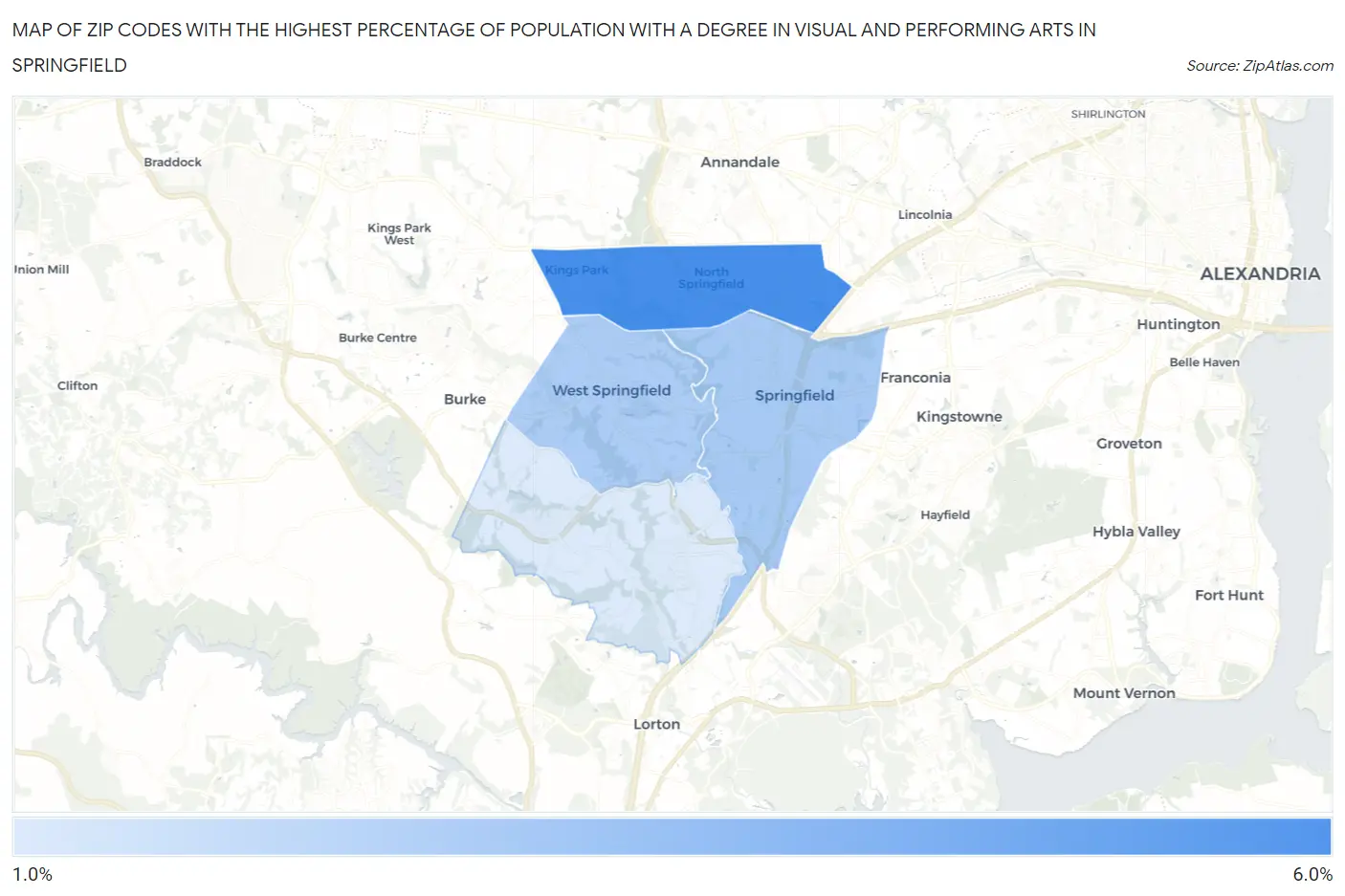 Zip Codes with the Highest Percentage of Population with a Degree in Visual and Performing Arts in Springfield Map