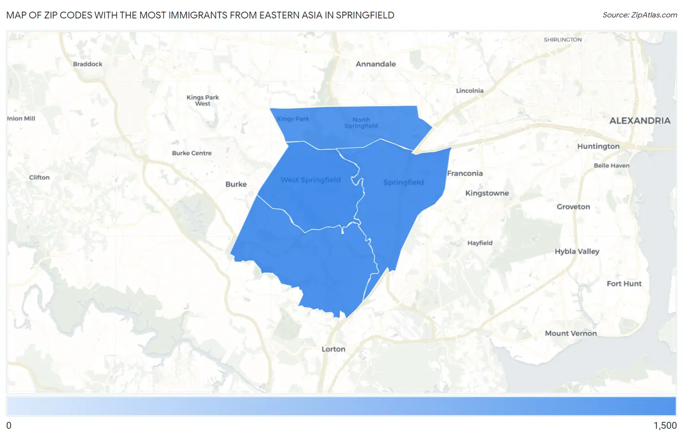 Zip Codes with the Most Immigrants from Eastern Asia in Springfield Map