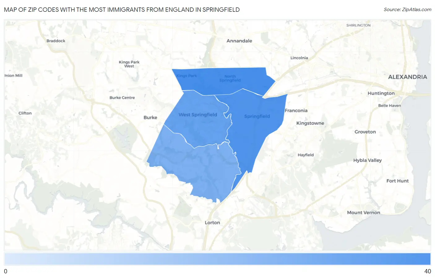 Zip Codes with the Most Immigrants from England in Springfield Map