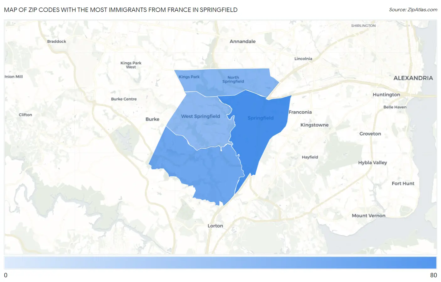 Zip Codes with the Most Immigrants from France in Springfield Map