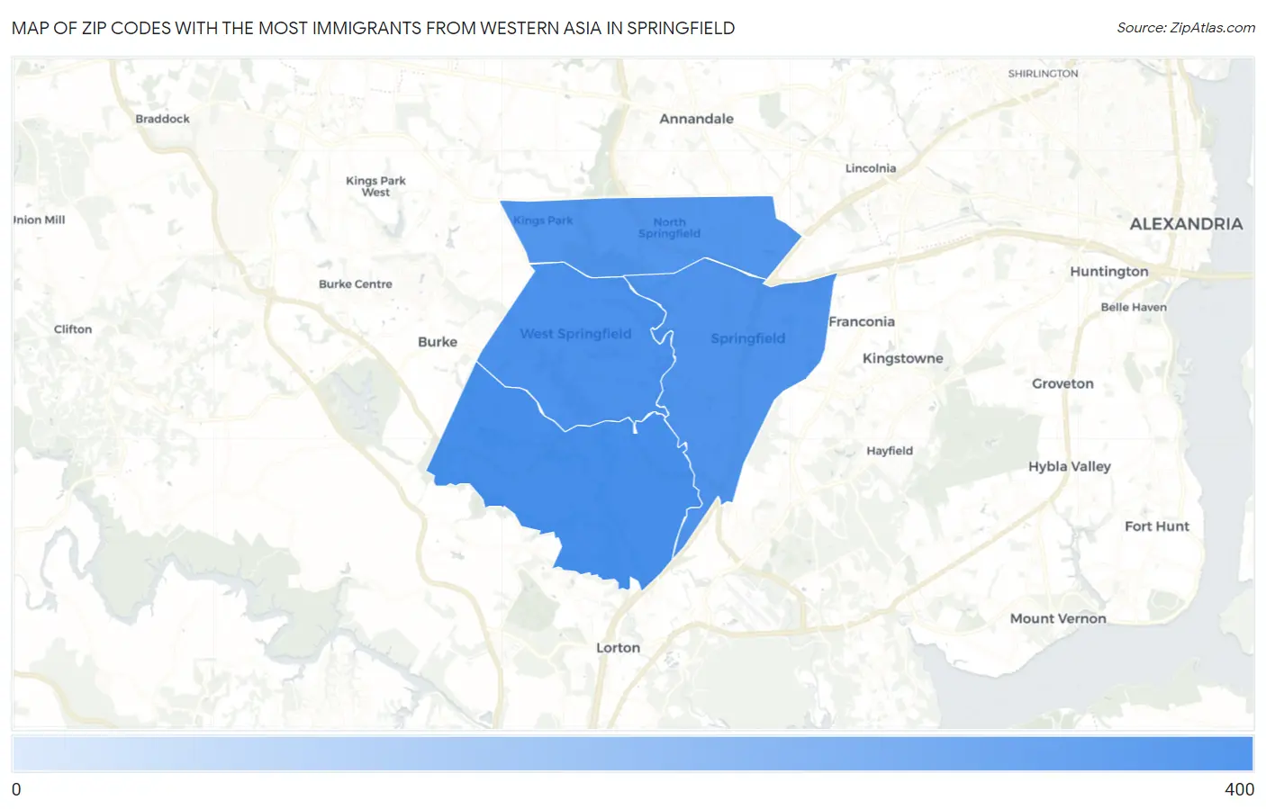 Zip Codes with the Most Immigrants from Western Asia in Springfield Map